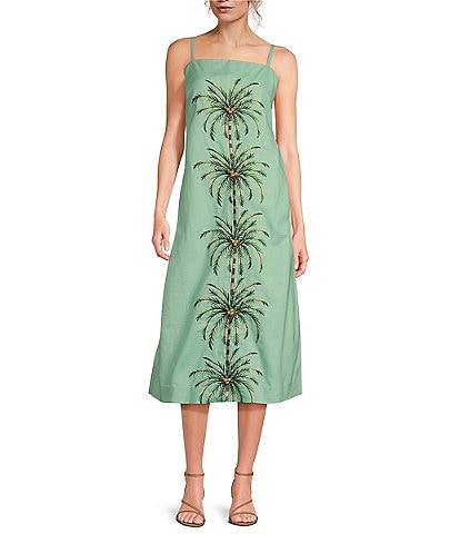 Mestiza New York Orzo Embellished Linen Blend Square Neck Sleeveless Midi Shift Dress