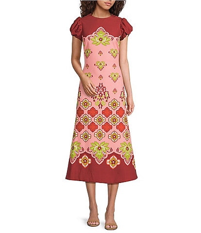 Mestiza New York Perla Flamingo Flourish Crew Neck Short Puff Sleeve Fit-And-Flare Midi Dress