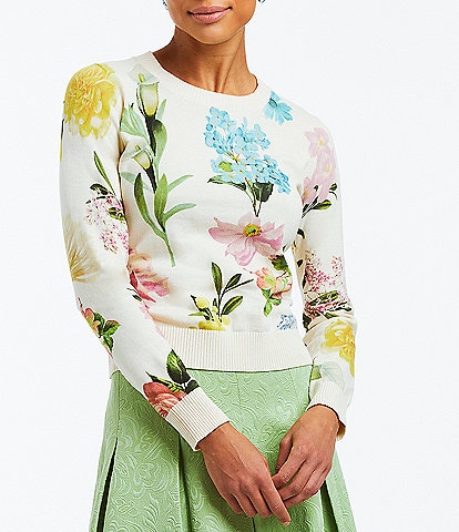 Mestiza New York Phoebe Floral Printed Crew Neck Ribbed Hem Long Sleeve Sweater