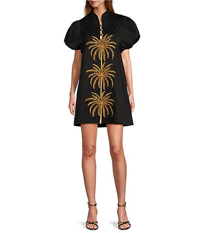 Mestiza New York Poplin Palm Tree Embroidered Mandarin Collar Short Puff Sleeve Dress