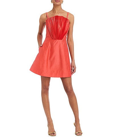 Mestiza New York Scallopini Linen Blend Organza Strapless Sleeveless Pleated Bodice A-Line Mini Dress