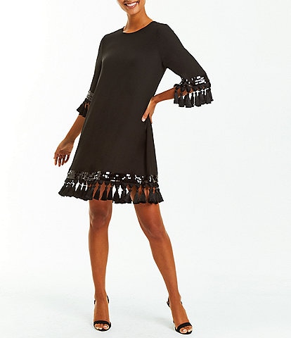 Mestiza New York Shimmy Tassel & Sequin Trim Elbow Sleeve Shift Mini Dress