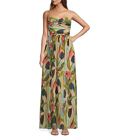 Mestiza New York Soledad Crinkle Chiffon Floral Abstract Print Sweetheart Neck Strapless Gown
