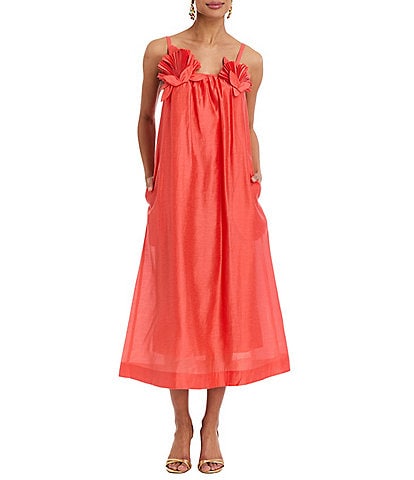 Mestiza New York Solenn Linen Blend Organza Square Neck Sleeveless Floral Applique Midi Dress
