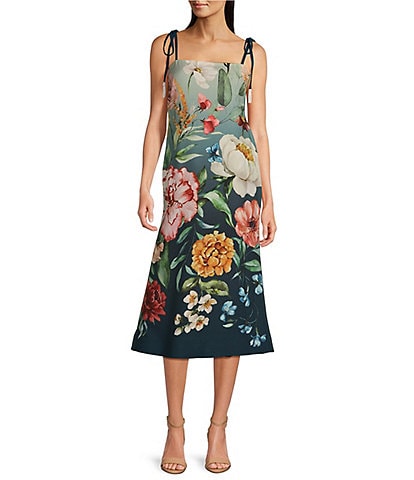 Mestiza New York Tropez Stretch Crepe Floral Print Square Neck Bow Strap Reversible Midi Fit and Flare Dress