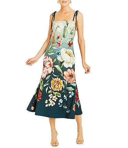 Mestiza New York Tropez Stretch Crepe Floral Print Square Neck Bow Strap Reversible Midi Fit and Flare Dress