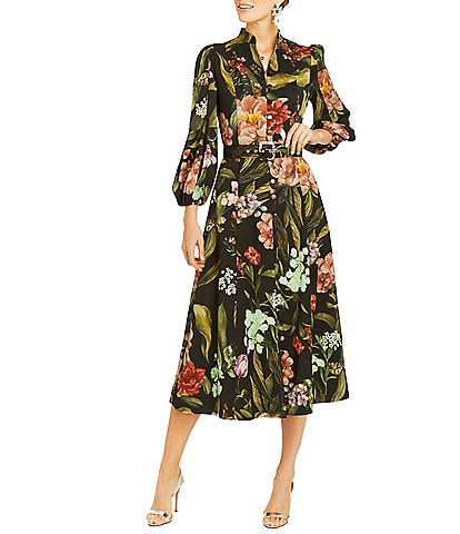 Mestiza New York Valencia Twill Split V-Neck Mandarin Collar 3/4 Balloon Sleeve Belted Midi A-Line Dress