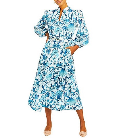 Mestiza New York Valencia Twill Split V-Neck Mandarin Collar 3/4 Balloon Sleeve Belted Midi A-Line Dress