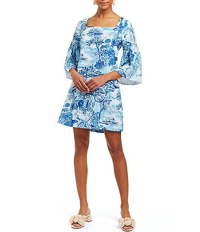 Mestiza New York Vivienne Stretch Crepe Toile Print Square Neck 3/4 Sleeve Mini Shift Dress