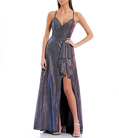 Metallic Glitter Pin-Up Skirt Lace-Up Back Long Dress