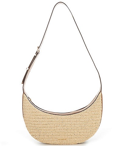 Michael Kors Avra Medium Straw Contrast Trim Crossbody Bag