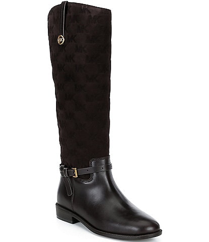 Michael Kors Beverly Flat Leather MK Logo Embossed Suede Tall Riding Boots