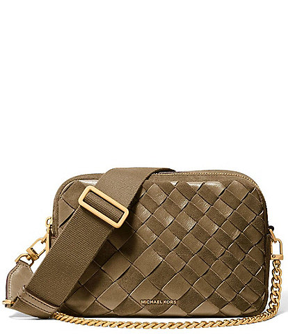 Michael Kors Bryant Medium Double Zip Chain Woven Suede Camera Crossbody Bag