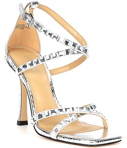 Michael Kors Celia Metallic Snake Print Leather Crystal Embellished Dress Sandals