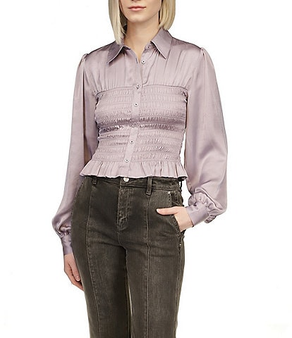 Michael Kors Crinkled Satin Smocked Button Front Flared Hem Top
