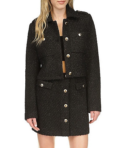 Michael Kors Eyelash Tweed Notch Collar Long Sleeve Gold Button Cropped Coordinating Jacket