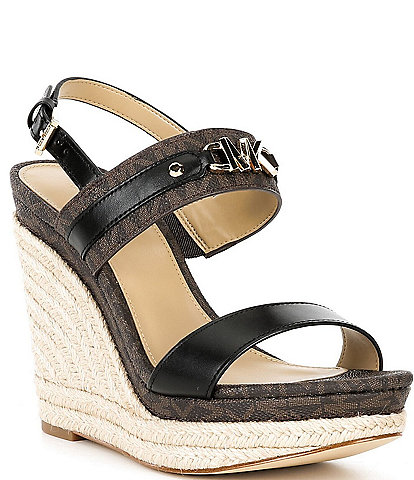 Michael Kors Farrah Leather Signature Logo Print Canvas Espadrille Wedge Sandals