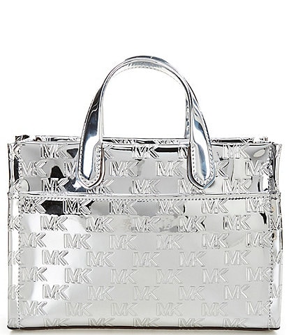 Michael Kors Gigi MK Facet Logo Small Silver Metallic Messenger Bag