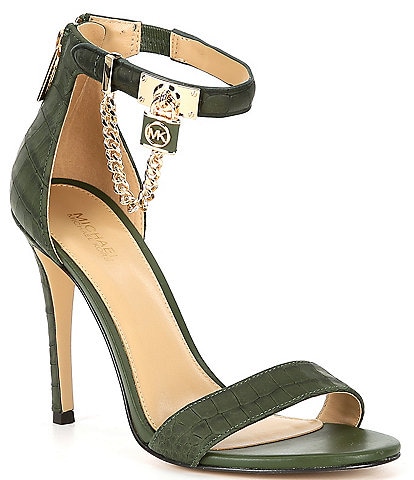 Michael Kors Hamilton Crocodile Embossed Leather Chain and Lock Ankle Strap Dress Sandals
