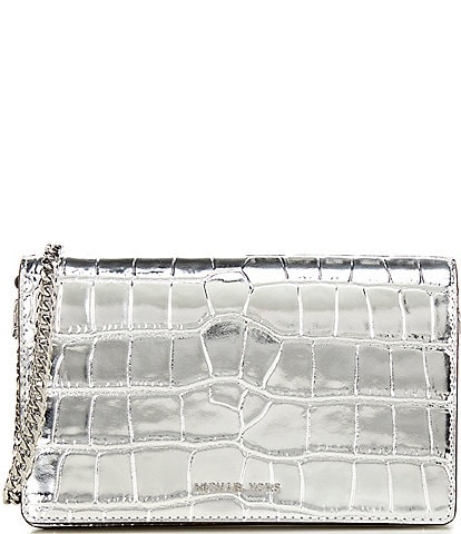 Michael Kors Jet Set Medium Crocodile Embossed Leather Silver Chain Crossbody Bag