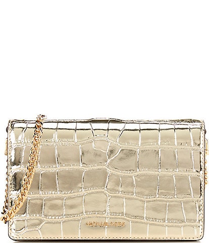 Michael Kors Jet Set Medium Gold Metallic Crocodile Embossed Leather Crossbody Bag