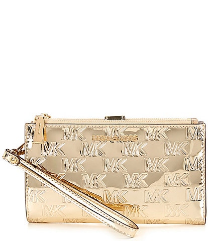 Michael Kors Jet Set MK Facet Logo Embossed Metallic Specchio Double Zip Wristlet