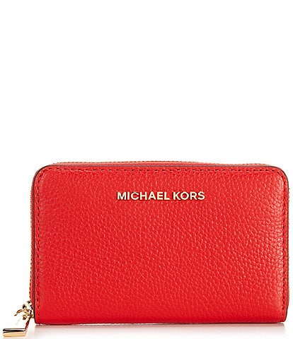Michael Kors Jet Set Small Zip Around Gold Tone Pebble Leather Card Case Wallet