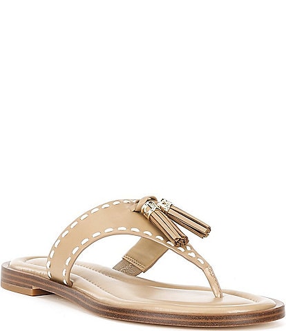 Michael Kors Kiernan Leather Topstitched Tassel Thong Sandals