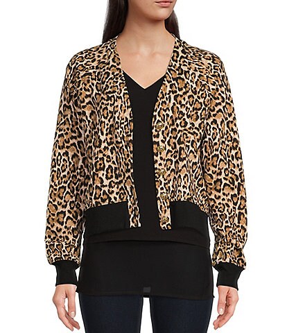 MICHAEL Michael Kors Knit Cheetah Print V-Neck Long Sleeve Button Front Elastic Hem Cardigan Top