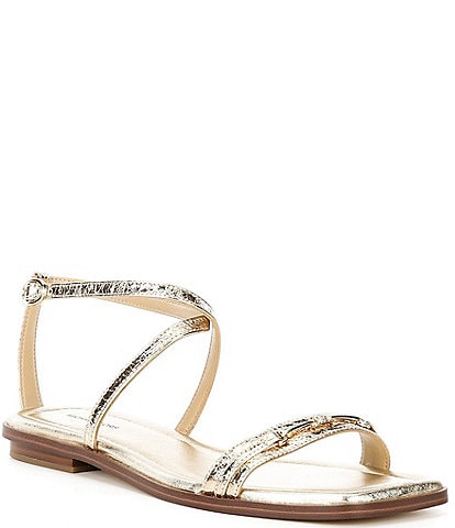 Michael Kors Lena Metallic Crushed Leather Bit Buckle Flat Sandals