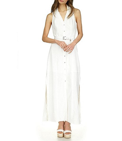 Michael Kors Linen Point Collar V-Neck Sleeveless Button Front Belted A-Line Maxi Dress