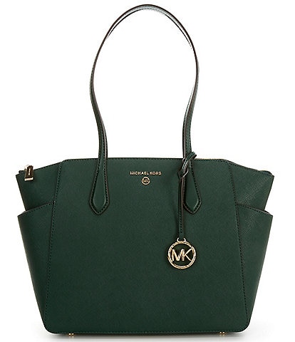 Michael Kors Marilyn Medium Saffiano Leather Top Zip Logo Charm Tote Bag