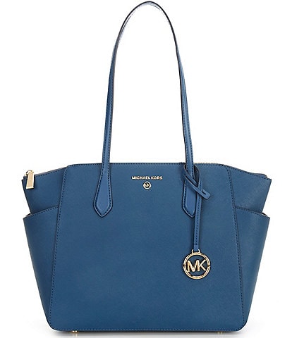 Michael Kors Marilyn Medium Saffiano Leather Top Zip Logo Charm Tote Bag