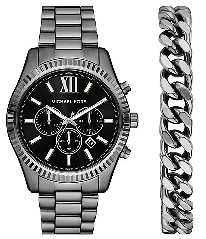 Michael Kors Men's Lexington Quartz Chronograph Gunmetal Stainless Steel Bracelet Watch and Bracelet Set