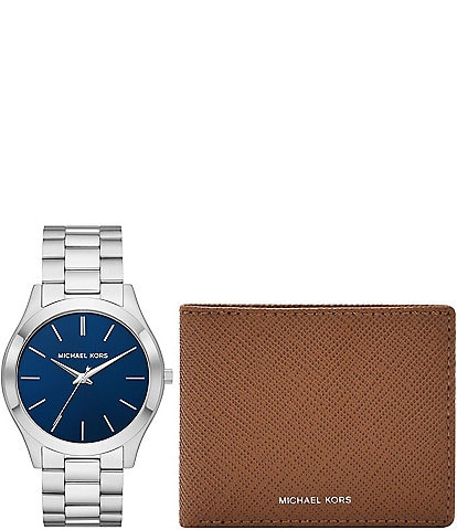 Michael Kors Men's Slim Runway Three-Hand Stainless Steel Bracelet Watch and Luggage Saffiano Leather Wallet Set