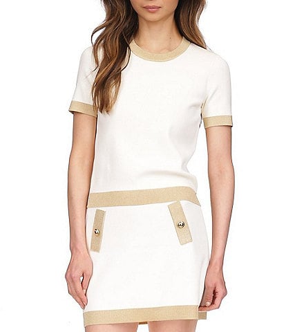 Michael Kors Metallic Trim Color Block Crew Neck Short Sleeve Top