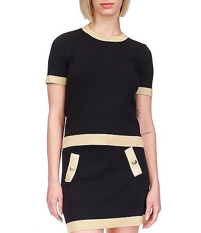 Michael Kors Metallic Trim Color Block Crew Neck Short Sleeve Top