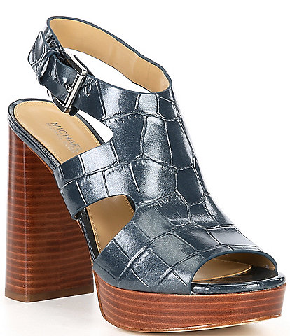 Michael Kors Noelle Crocodile Embossed Glimmer Leather Platform Sandals