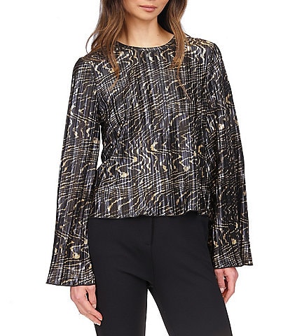 Michael Kors Pleated Foil Crew Neck Long Bell Sleeve Top