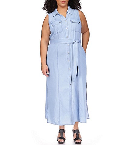 Michael Kors Plus Size Denim Collared Neck Sleeveless Maxi Shirt Dress