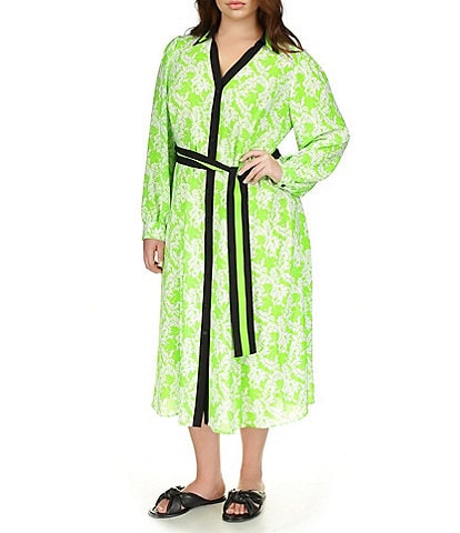 Michael Kors Plus Size Floral Printed Point Collar V-Neck Long Sleeve Maxi Shirt Dress