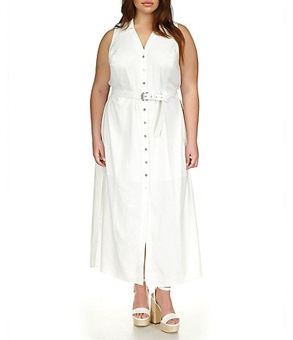 Michael Kors Plus Size Linen Point Collar V-Neck Sleeveless Button Front Belted A-Line Maxi Dress