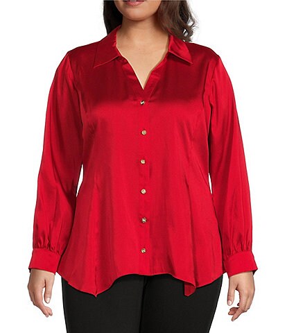 Michael Kors Plus Size Satin Twill Point Collar Long Sleeve High-Low Hem Button-Front Top