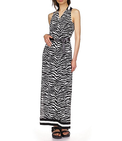 Michael Kors Printed Collared V-Neck Sleeveless Maxi Dress