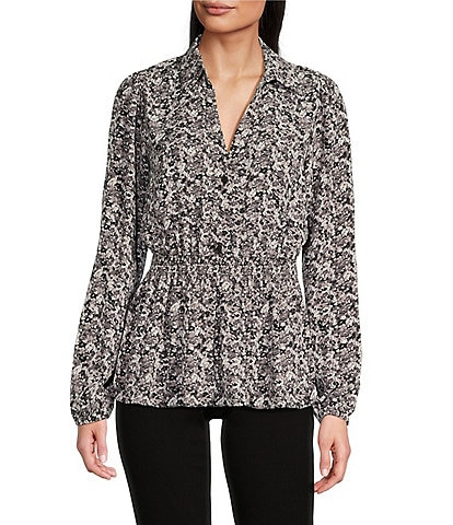 Michael Kors Printed Matte Satin Long Sleeve Collared Button Front Peplum Shirt