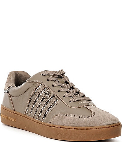 Michael Kors Scotty Leather and Suede Rhinestone Embellished Lace Up Platform Sneakers