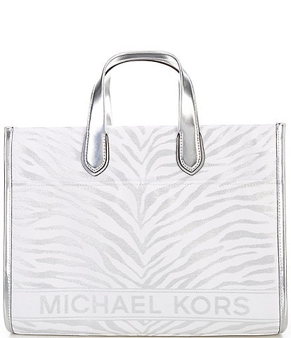 Michael Kors Silver Metallic Gigi Zebra Print Large Grab Tote Bag