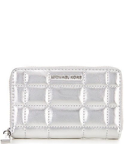 Michael Kors Silver Metallic Quilted Jet Set Small Zip Around Card Case