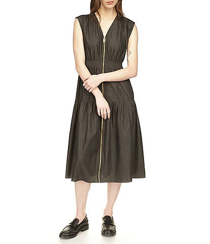 Michael Kors V Neckline Sleeveless Zip Front Midi Dress