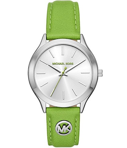 Michael Kors Women's Slim Runway Three Hand Green Leather Strap Watch
